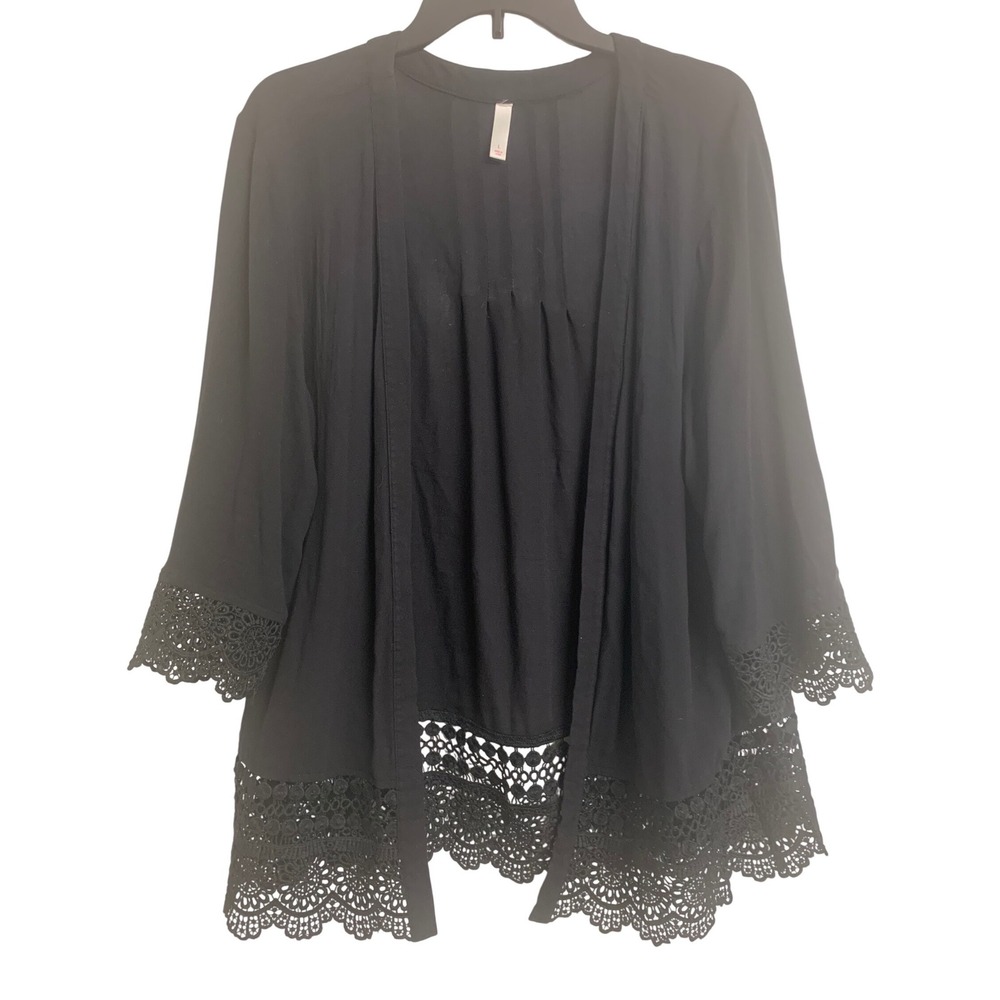 Black Open Front Lace Boho Beach Cover Up Vacation Kimono Cardigan Large